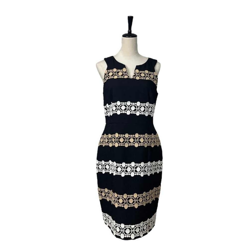 Katherine Kelly Sheath Dress Sleeveless Crochet Black Tan White Women’s Size 8